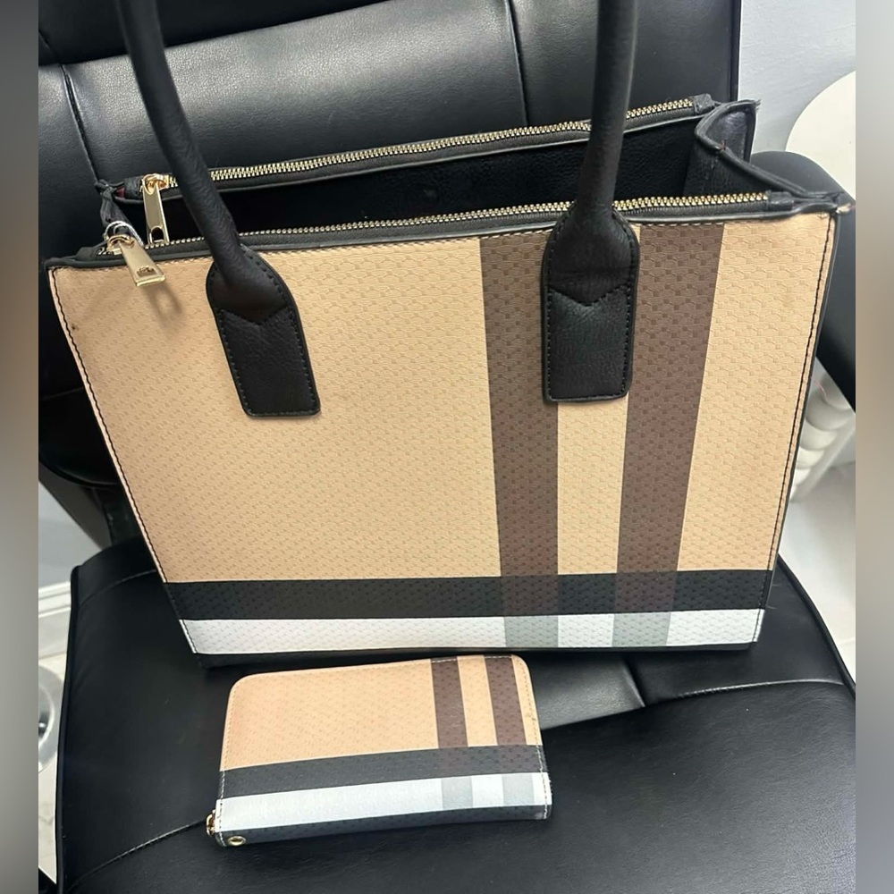 Beige and Brown Striped Tote with Matching Wallet